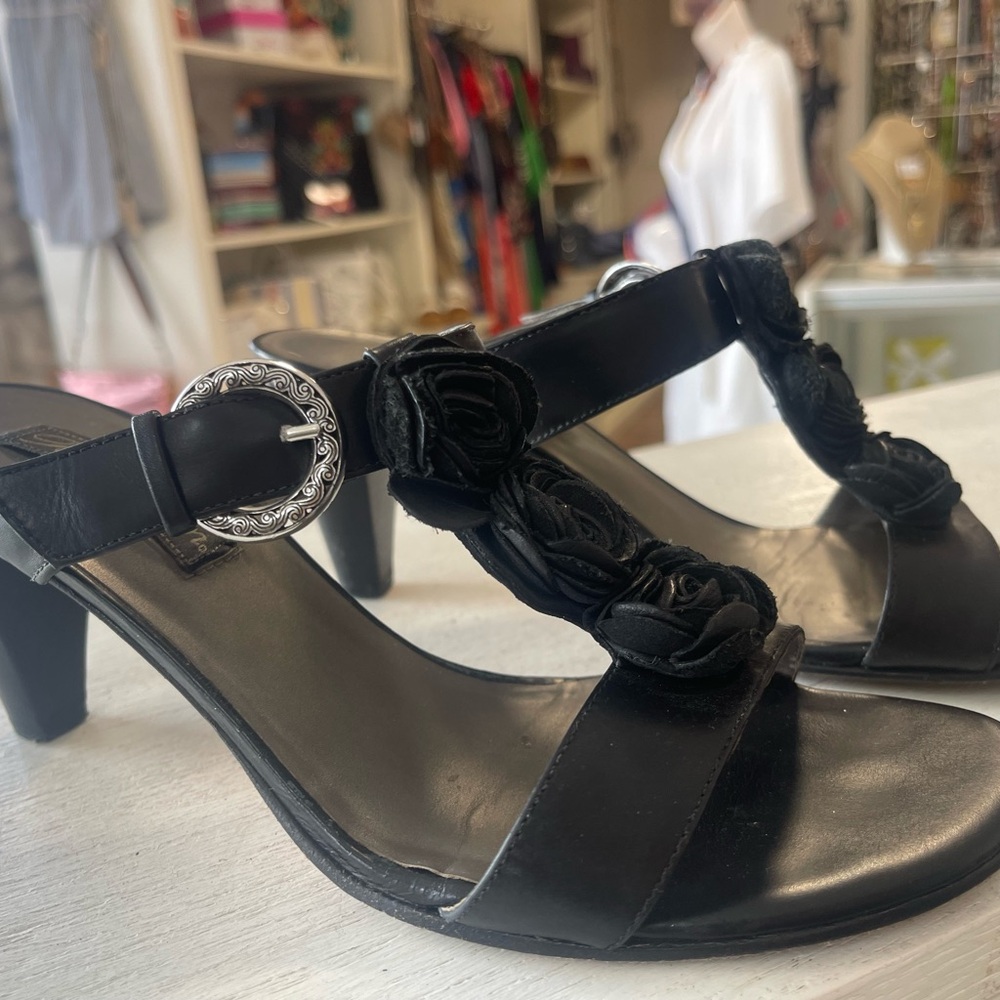 Black Floral Strap Mid-Heel Sandals